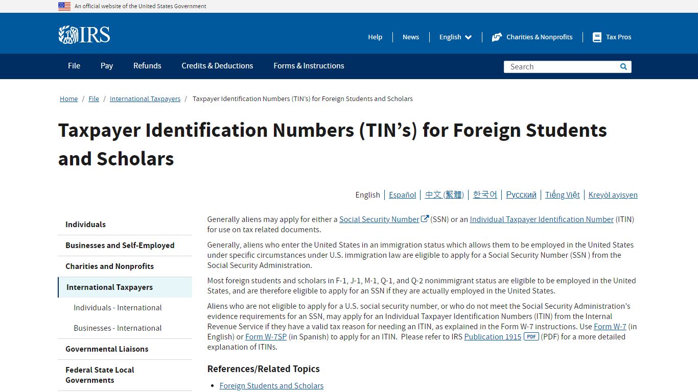 Taxpayer Identification Numbers (TIN’s) for Foreign Students and ...